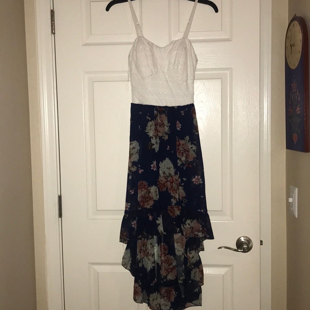 High Low white bodice, floral skirt dress!